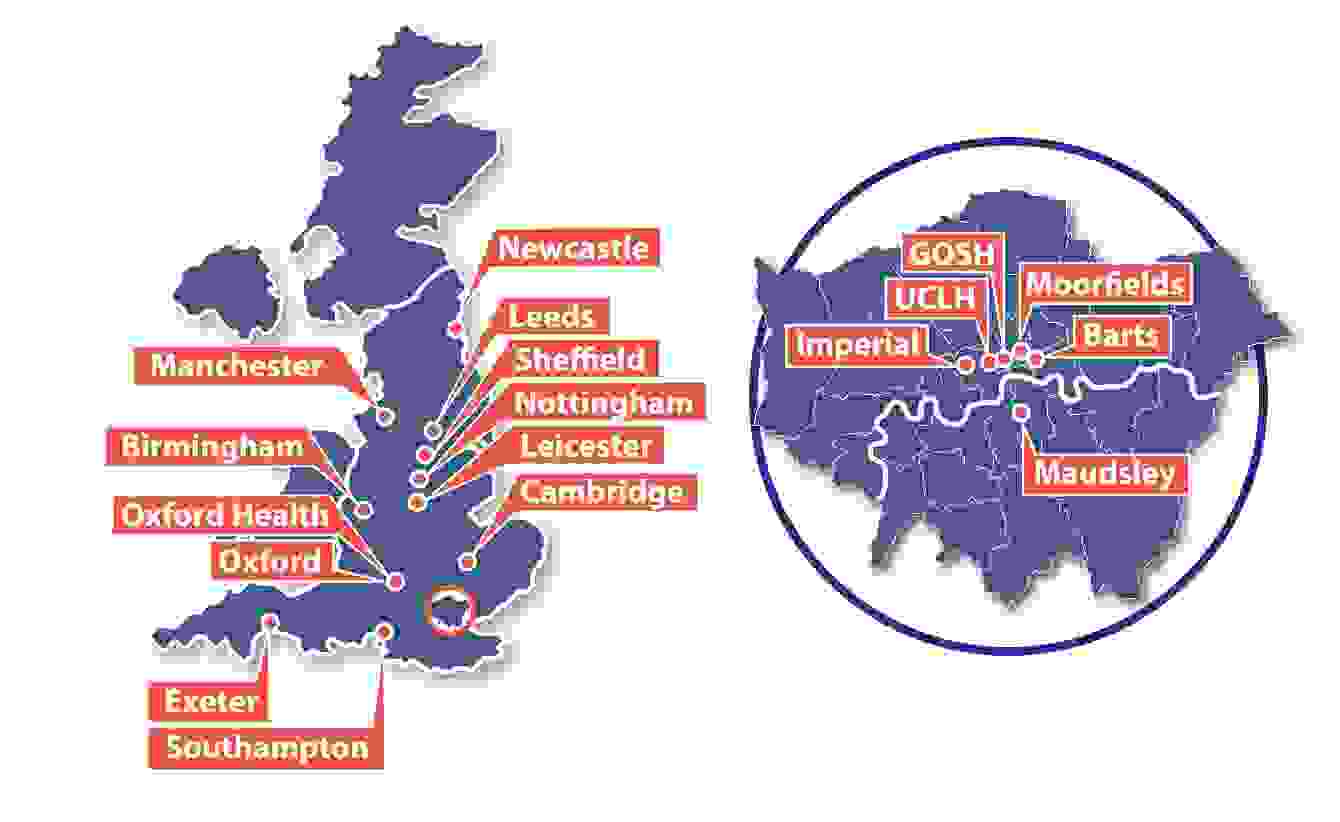 Map of the United Kingdom showing the location of 18 BioResource centres